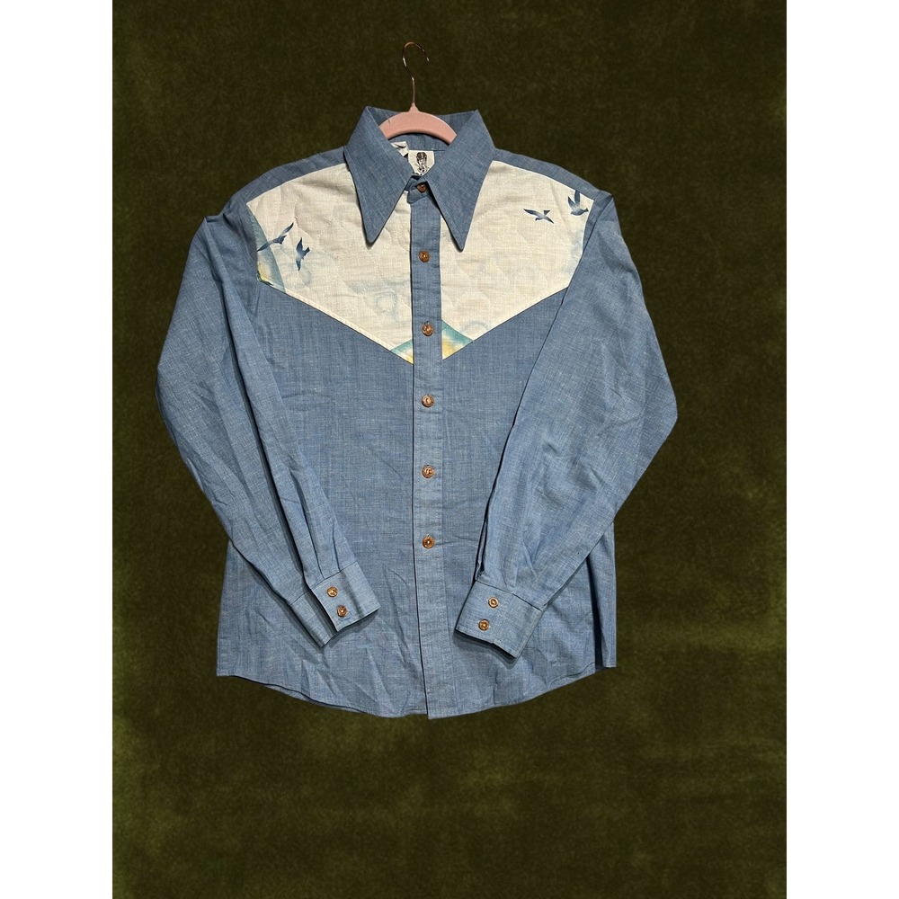 Vintage 70s Alfie California Western Shirt Blue Quilted Bird Rainbow Yoke Rare
